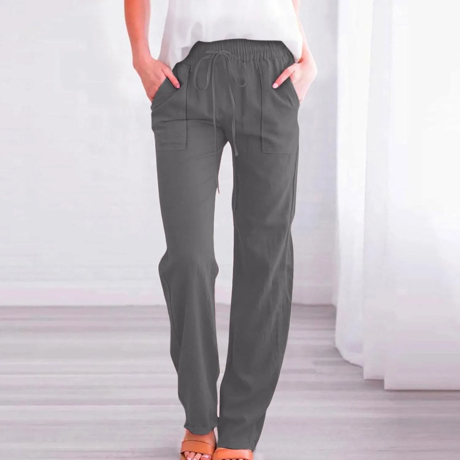 Women Casual Straight Leg Pants Lightweight Summer Relax Fit Elastic Waist Lounge Trousers Solid Color Outfits Comfy