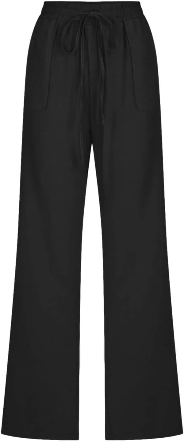 Women Casual Straight Leg Pants Lightweight Summer Relax Fit Elastic Waist Lounge Trousers Solid Color Outfits Comfy