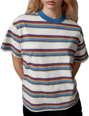 Women Color Block Striped T Shirt Casual Oversized Short Sleeve Boxy Tops Vintage Loose Crewneck Going Out Tee