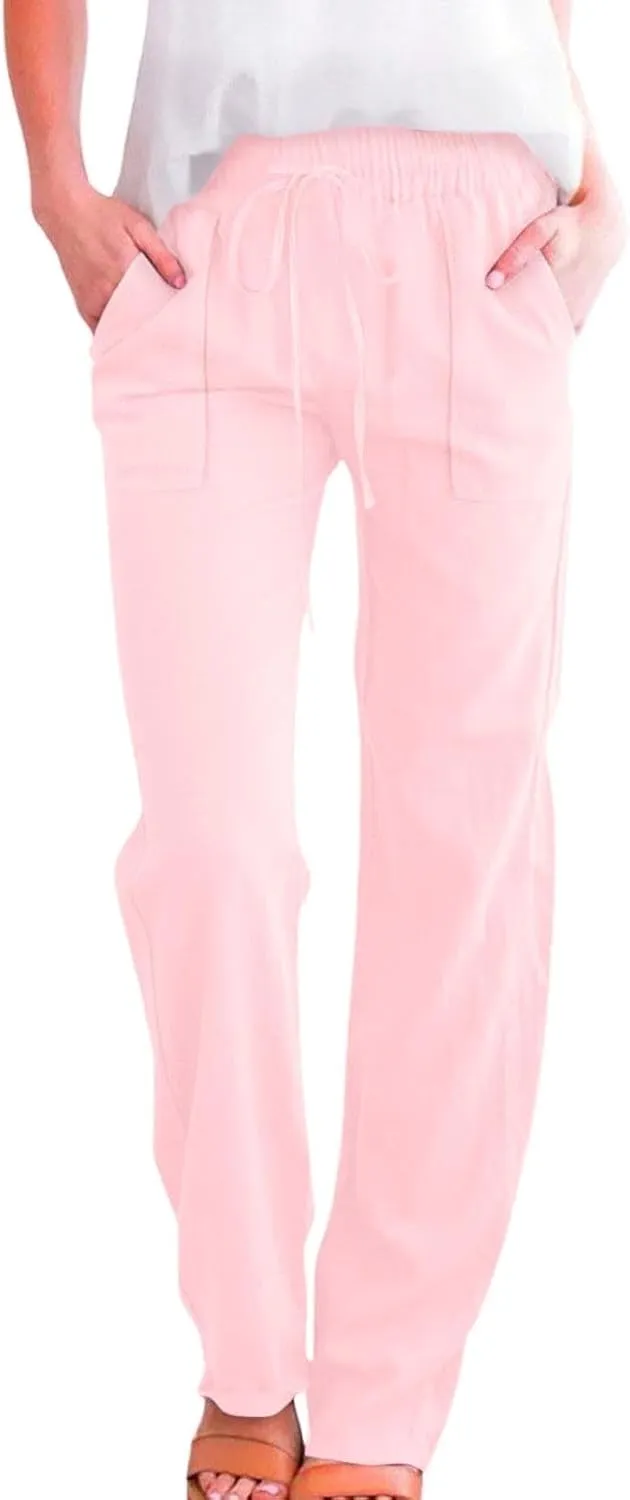 Women Cotton Linen Pants Casual Summer High Waist Drawstring Straight Leg Trousers Relax Fit Lightweight Sport Pants