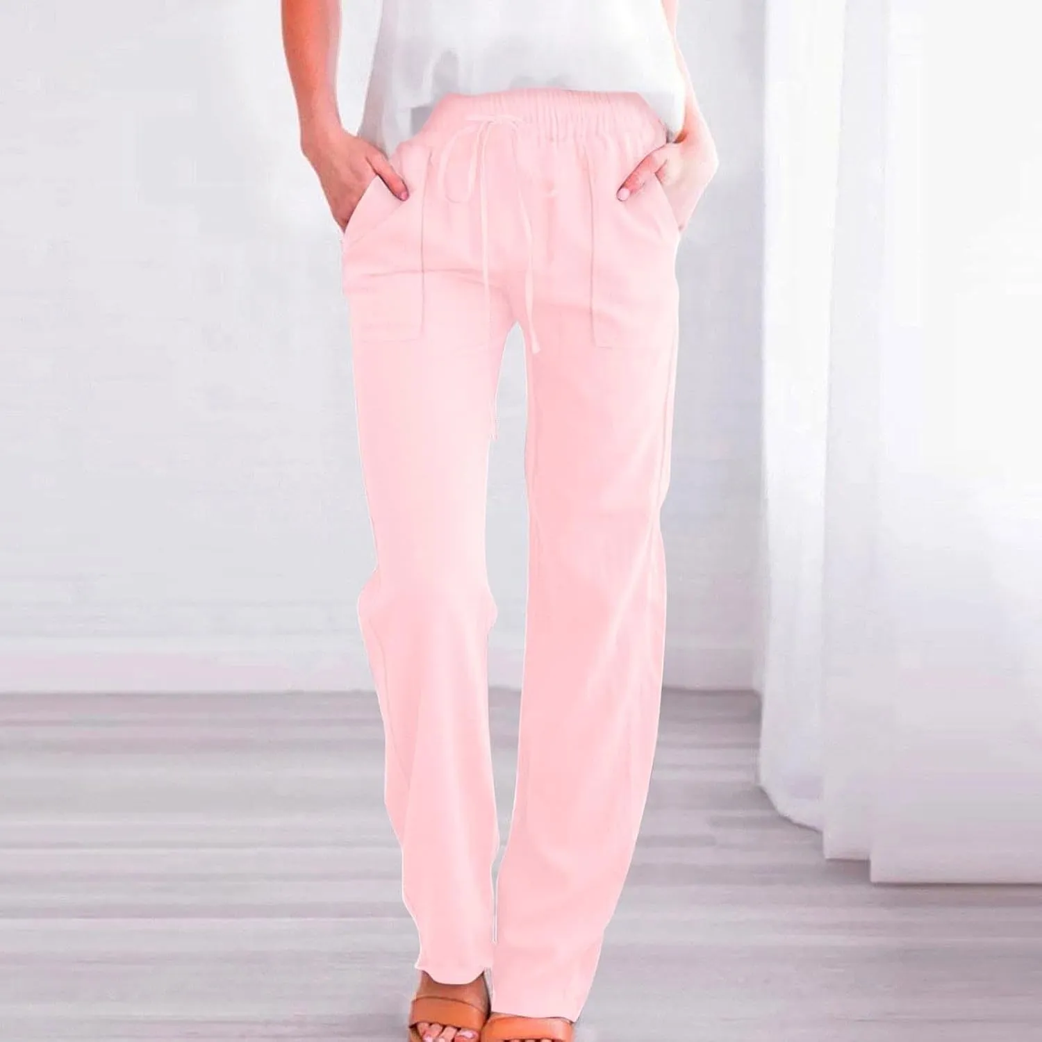 Women Cotton Linen Pants Casual Summer High Waist Drawstring Straight Leg Trousers Relax Fit Lightweight Sport Pants