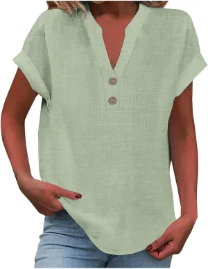 Women Cotton Linen Tees V Neck Tops Rolled Cuffed Short Sleeve Blouse Casual Loose Shirts 2025 Summer Fashion Clothes