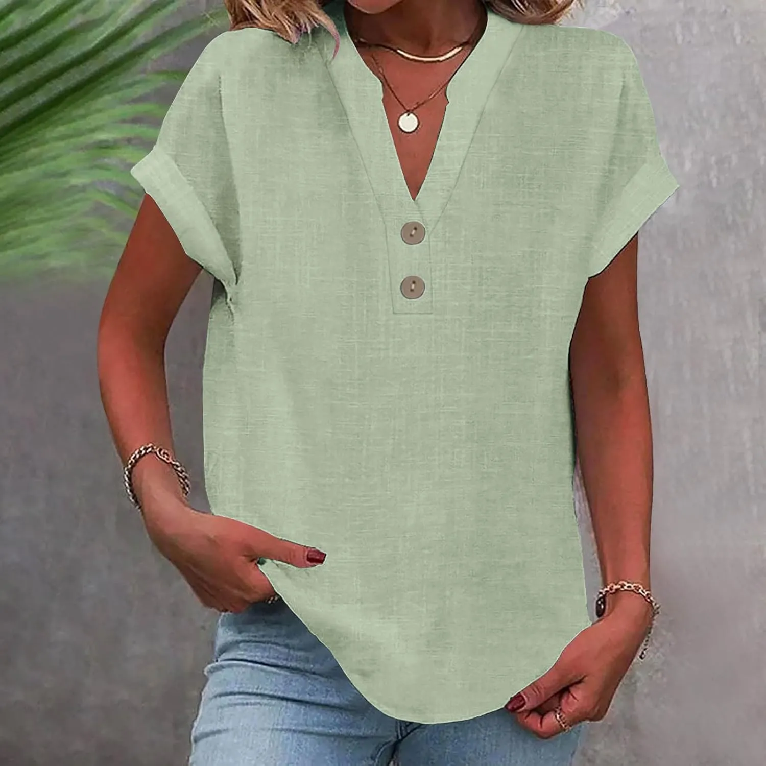 Women Cotton Linen Tees V Neck Tops Rolled Cuffed Short Sleeve Blouse Casual Loose Shirts 2025 Summer Fashion Clothes