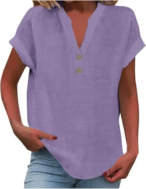 Women Cotton Linen Tees V Neck Tops Rolled Cuffed Short Sleeve Blouse Casual Loose Shirts 2025 Summer Fashion Clothes