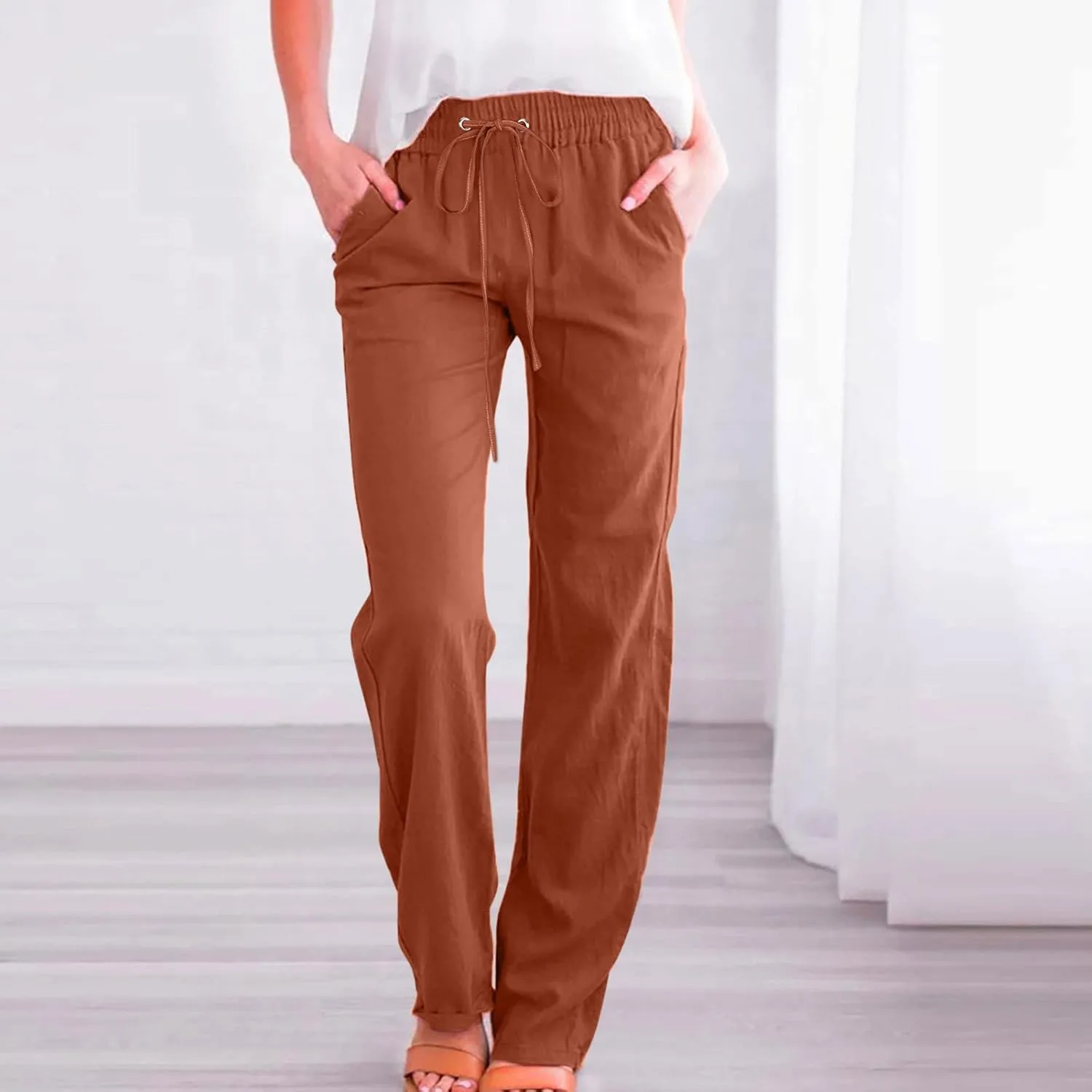 Women Linen Pants Trendy Straight Leg Drawstring Lounge Trousers Casual Relax Fit Elastic Waist Pants with Pockets