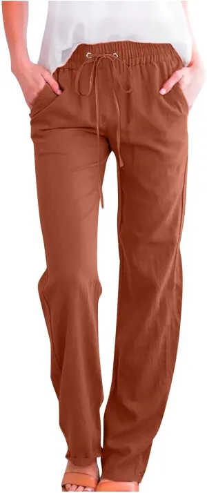 Women Linen Pants Trendy Straight Leg Drawstring Lounge Trousers Casual Relax Fit Elastic Waist Pants with Pockets