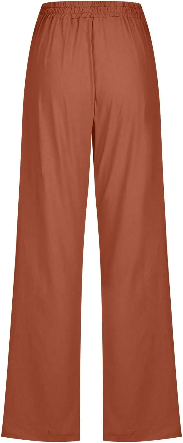 Women Linen Pants Trendy Straight Leg Drawstring Lounge Trousers Casual Relax Fit Elastic Waist Pants with Pockets