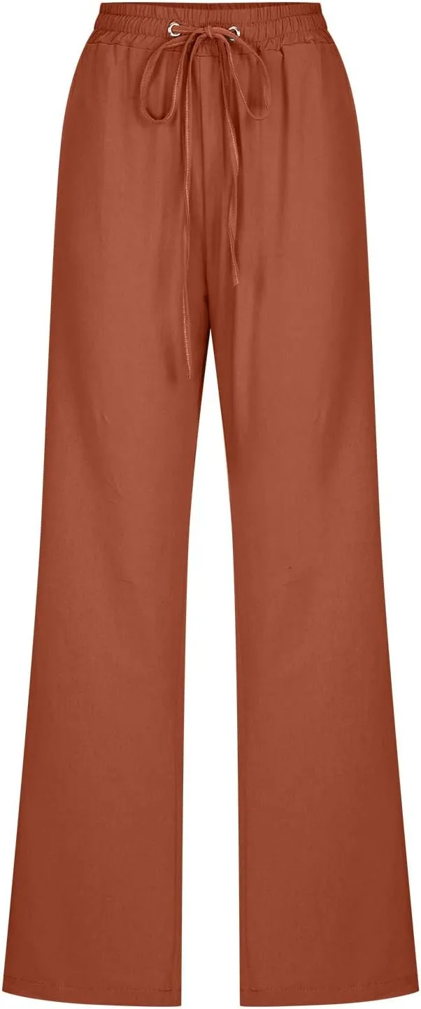 Women Linen Pants Trendy Straight Leg Drawstring Lounge Trousers Casual Relax Fit Elastic Waist Pants with Pockets