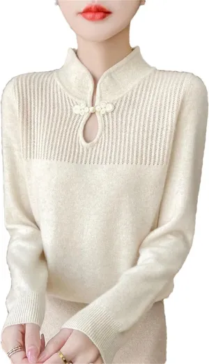 Women Merino Wool Sweater Mandarin Collar Pullover Chinese Style Retro Long Sleeve Cashmere Bottoming Knitwear