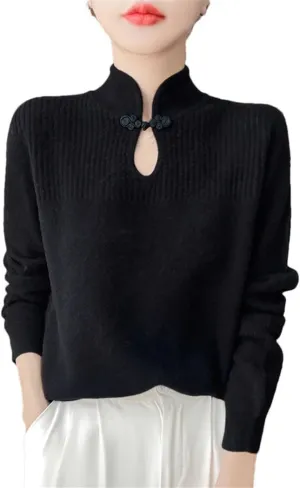 Women Merino Wool Sweater Mandarin Collar Pullover Chinese Style Retro Long Sleeve Cashmere Bottoming Knitwear
