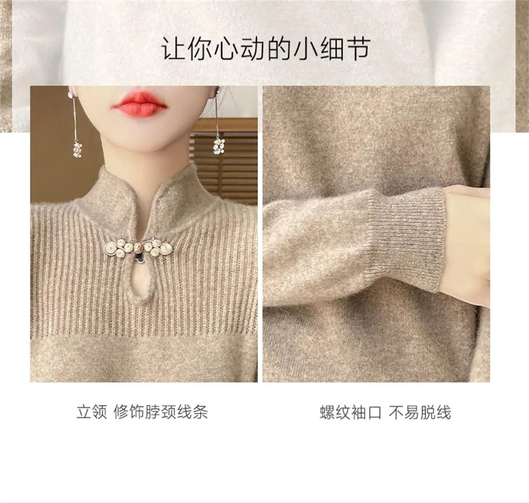 Women Merino Wool Sweater Mandarin Collar Pullover Chinese Style Retro Long Sleeve Cashmere Bottoming Knitwear