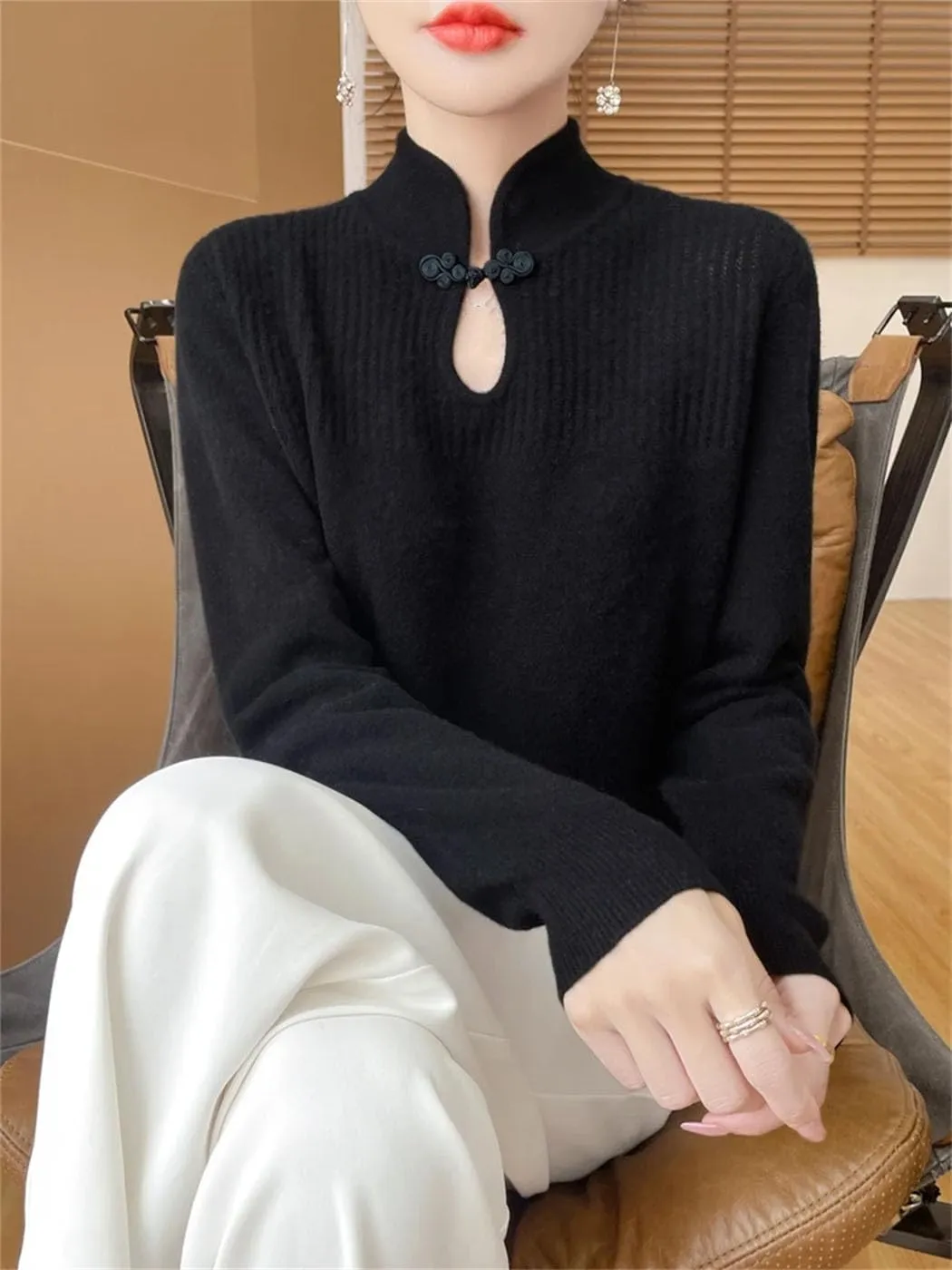 Women Merino Wool Sweater Mandarin Collar Pullover Chinese Style Retro Long Sleeve Cashmere Bottoming Knitwear