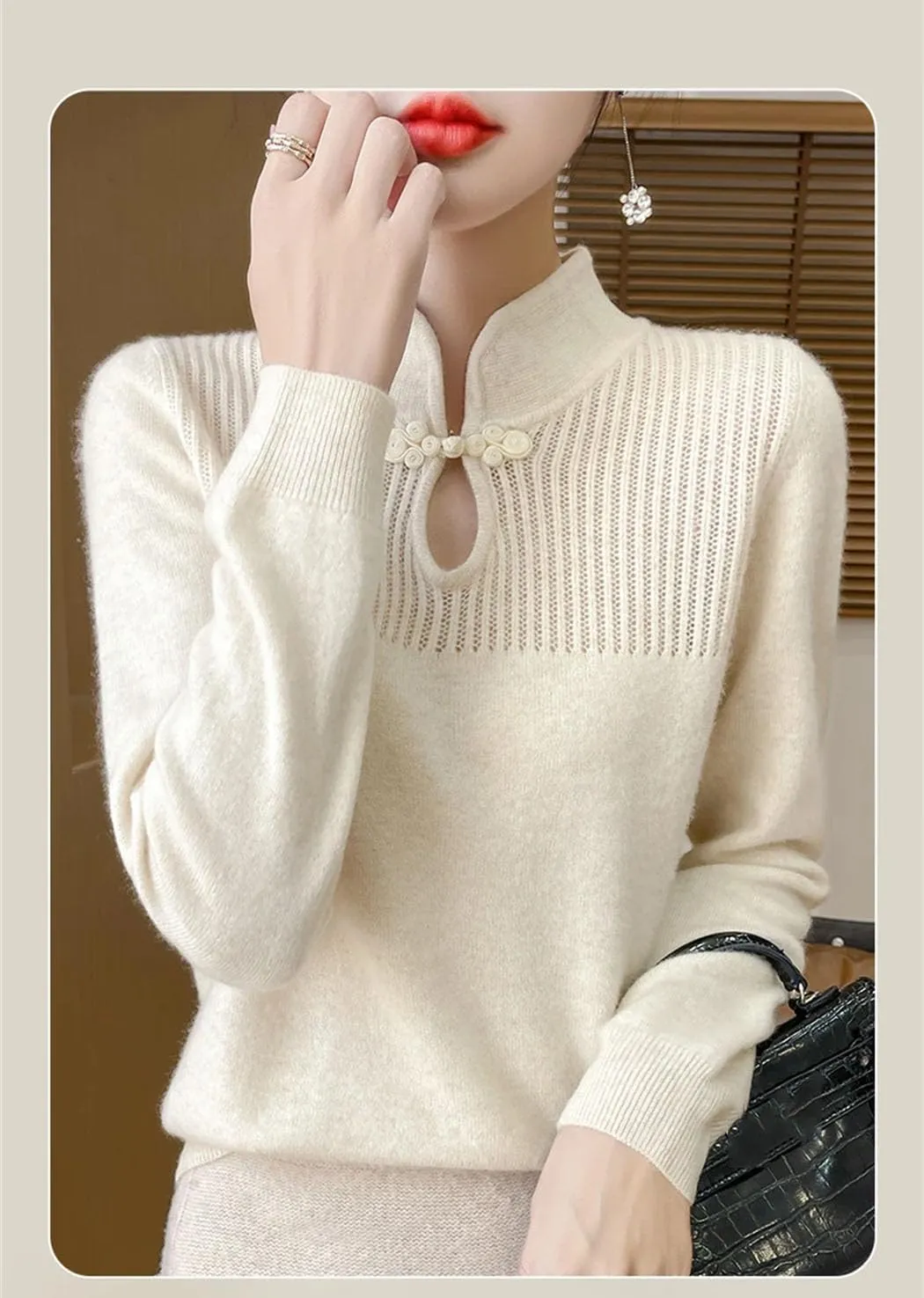 Women Merino Wool Sweater Mandarin Collar Pullover Chinese Style Retro Long Sleeve Cashmere Bottoming Knitwear