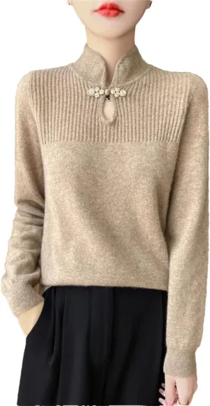 Women Merino Wool Sweater Mandarin Collar Pullover Chinese Style Retro Long Sleeve Cashmere Bottoming Knitwear