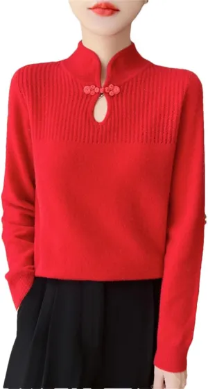Women Merino Wool Sweater Mandarin Collar Pullover Chinese Style Retro Long Sleeve Cashmere Bottoming Knitwear