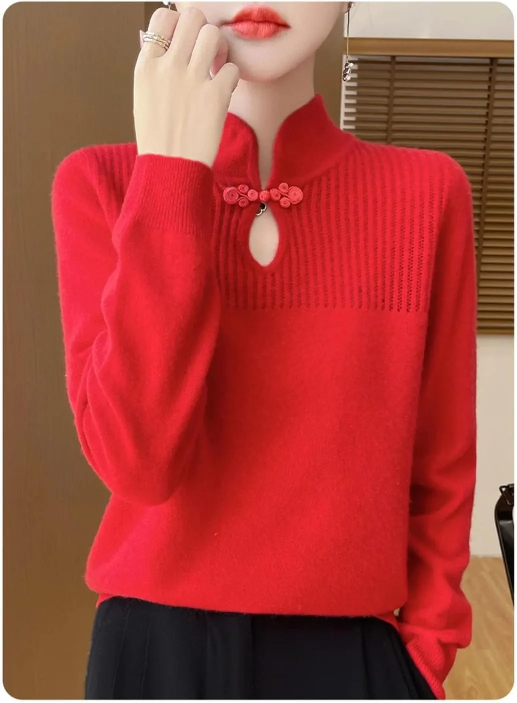 Women Merino Wool Sweater Mandarin Collar Pullover Chinese Style Retro Long Sleeve Cashmere Bottoming Knitwear