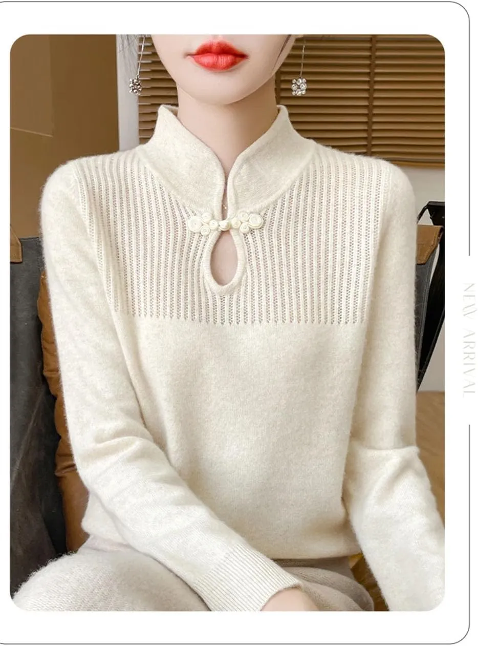 Women Merino Wool Sweater Mandarin Collar Pullover Chinese Style Retro Long Sleeve Cashmere Bottoming Knitwear