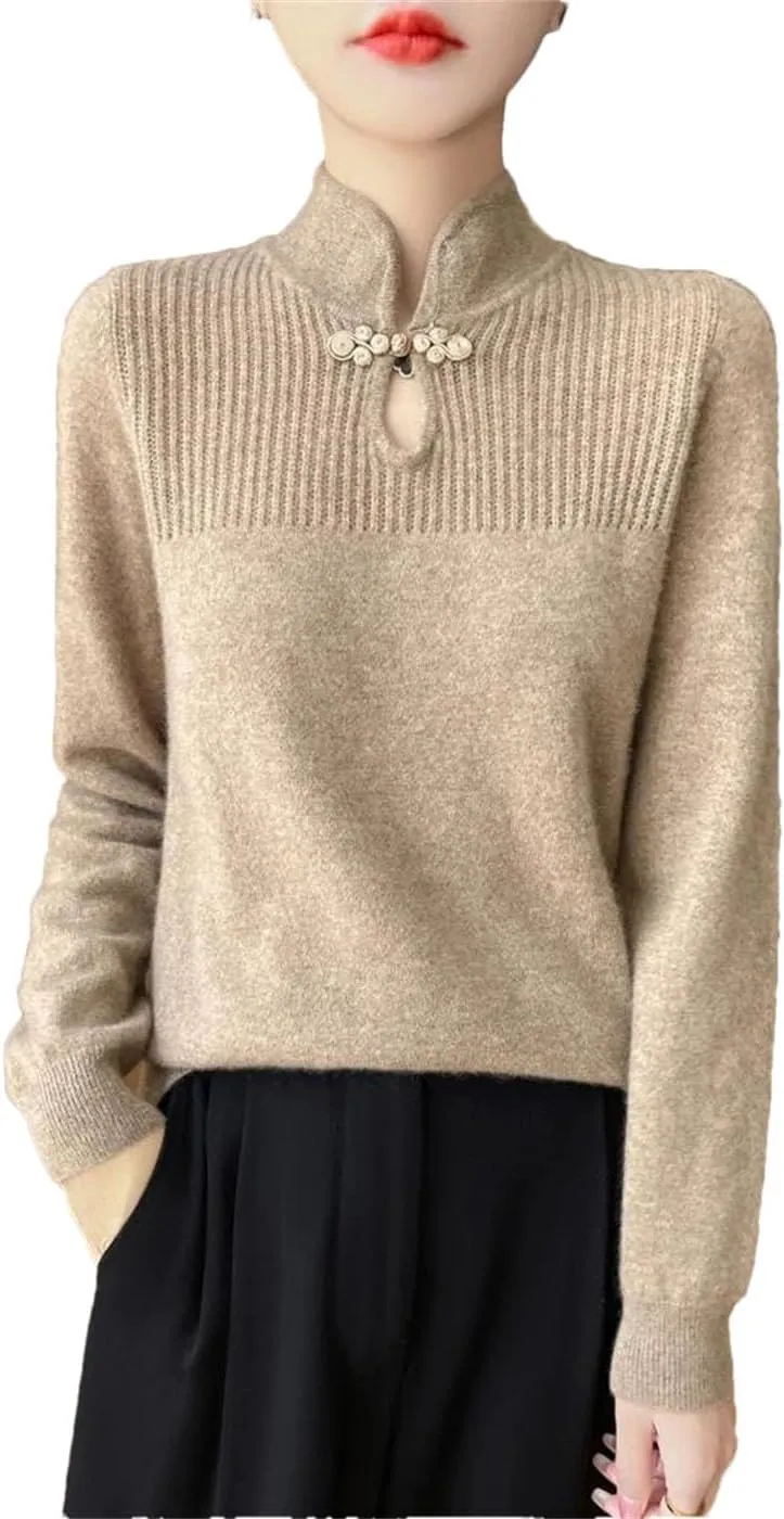 Women Merino Wool Sweater Mandarin Collar Pullover Chinese Style Retro Long Sleeve Cashmere Bottoming Knitwear