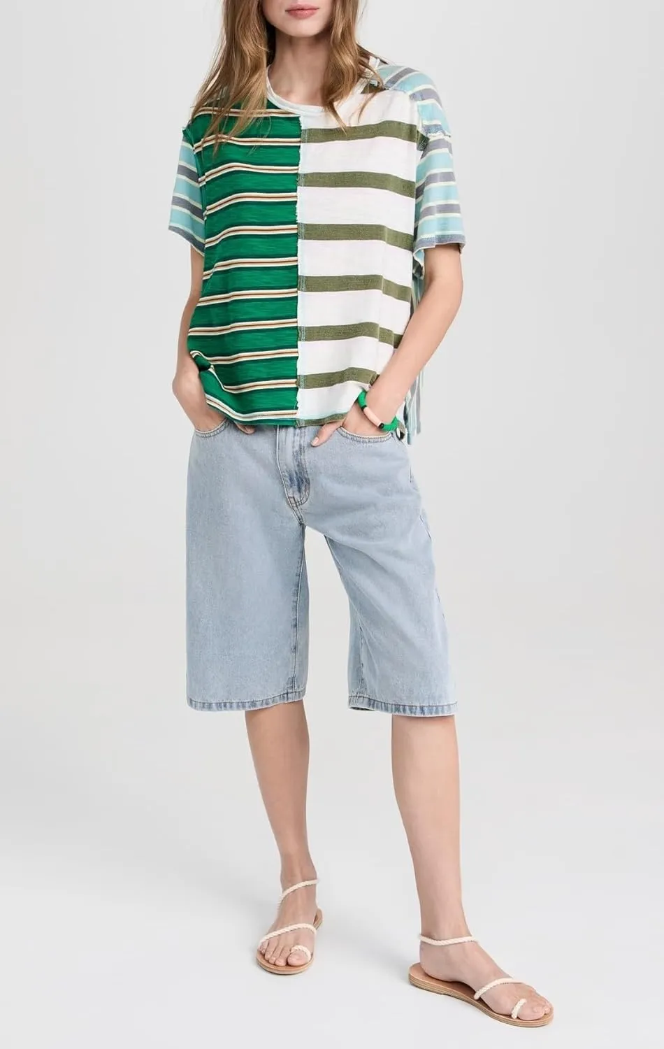 Women Oversized Boxy Striped T Shirts Y2K Crewneck Short Sleeve Parchwork Loose Fit Shirt Tops Trendy Summer Pullover