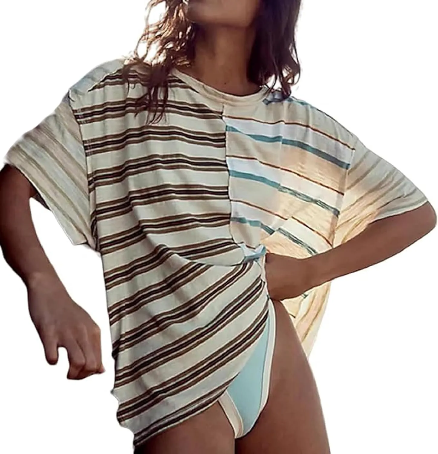 Women Oversized Boxy Striped T Shirts Y2K Crewneck Short Sleeve Parchwork Loose Fit Shirt Tops Trendy Summer Pullover