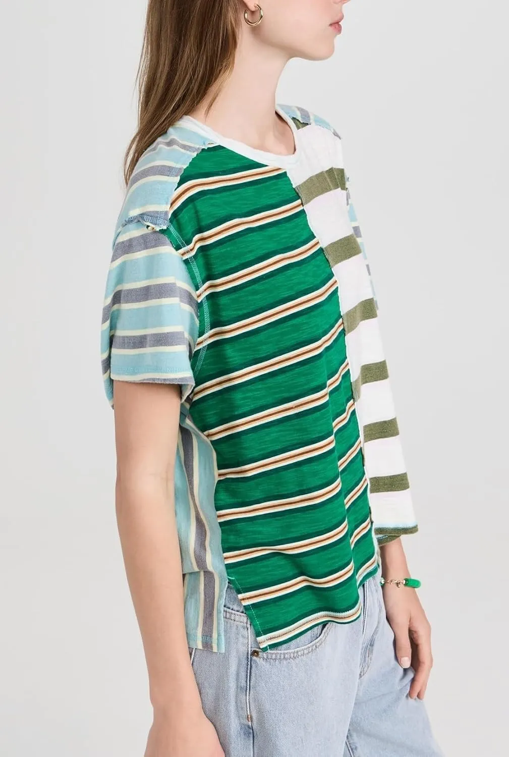 Women Oversized Boxy Striped T Shirts Y2K Crewneck Short Sleeve Parchwork Loose Fit Shirt Tops Trendy Summer Pullover
