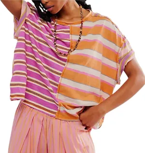 Women Oversized Boxy Striped T Shirts Y2K Crewneck Short Sleeve Parchwork Loose Fit Shirt Tops Trendy Summer Pullover