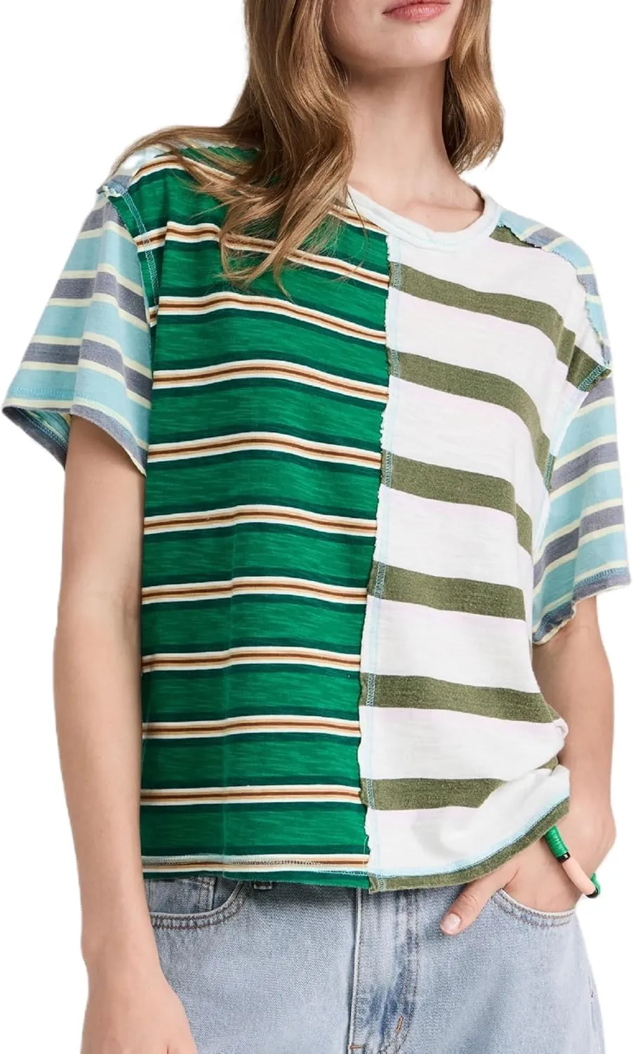 Women Oversized Boxy Striped T Shirts Y2K Crewneck Short Sleeve Parchwork Loose Fit Shirt Tops Trendy Summer Pullover