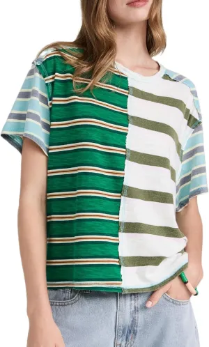 Women Oversized Boxy Striped T Shirts Y2K Crewneck Short Sleeve Parchwork Loose Fit Shirt Tops Trendy Summer Pullover