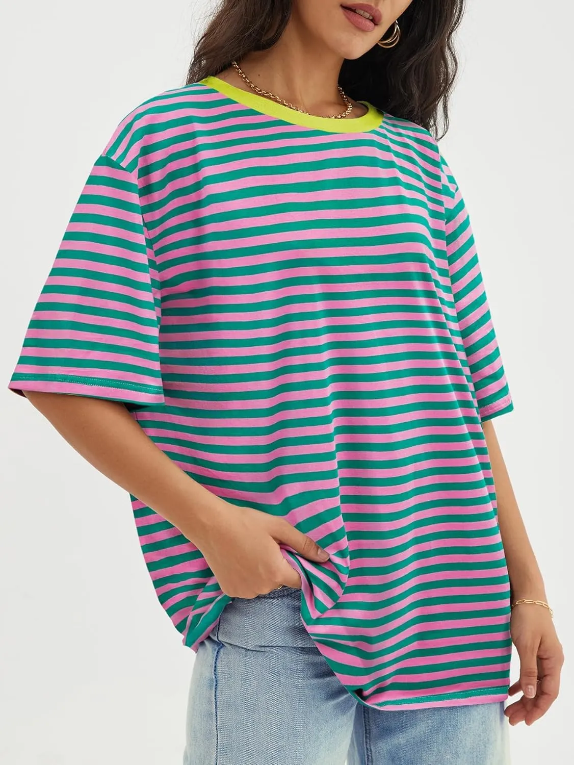 Women Oversized Striped Tshirts Short Sleeve Color Block Summer Tops Crewneck Casual Loose Basic Tee Shirts