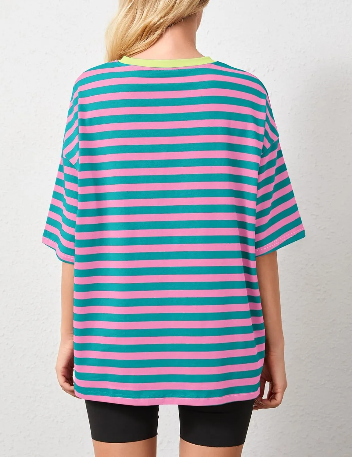 Women Oversized Striped Tshirts Short Sleeve Color Block Summer Tops Crewneck Casual Loose Basic Tee Shirts