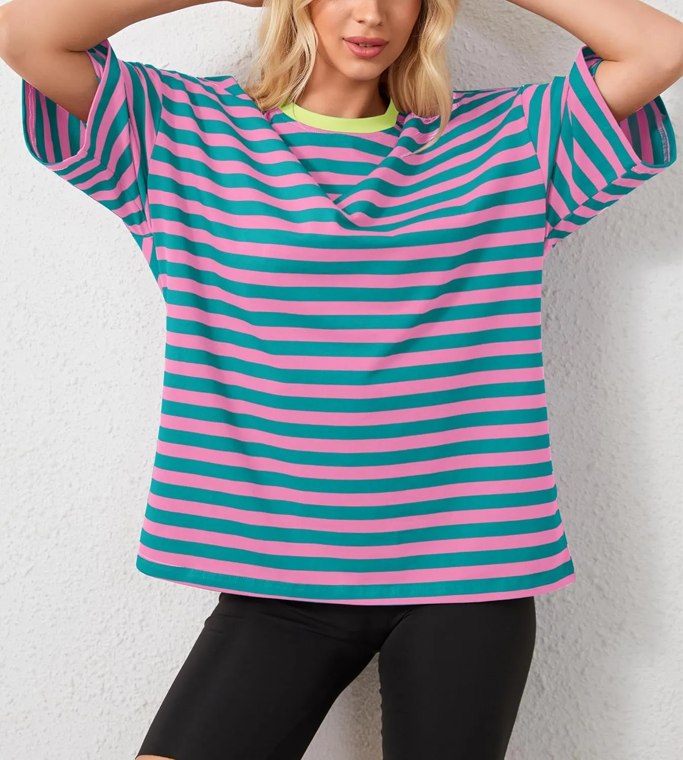 Women Oversized Striped Tshirts Short Sleeve Color Block Summer Tops Crewneck Casual Loose Basic Tee Shirts