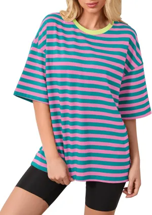 Women Oversized Striped Tshirts Short Sleeve Color Block Summer Tops Crewneck Casual Loose Basic Tee Shirts