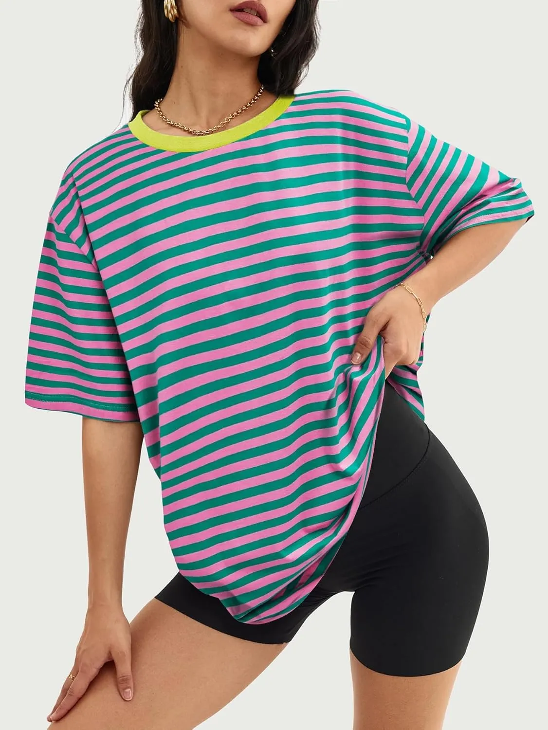 Women Oversized Striped Tshirts Short Sleeve Color Block Summer Tops Crewneck Casual Loose Basic Tee Shirts