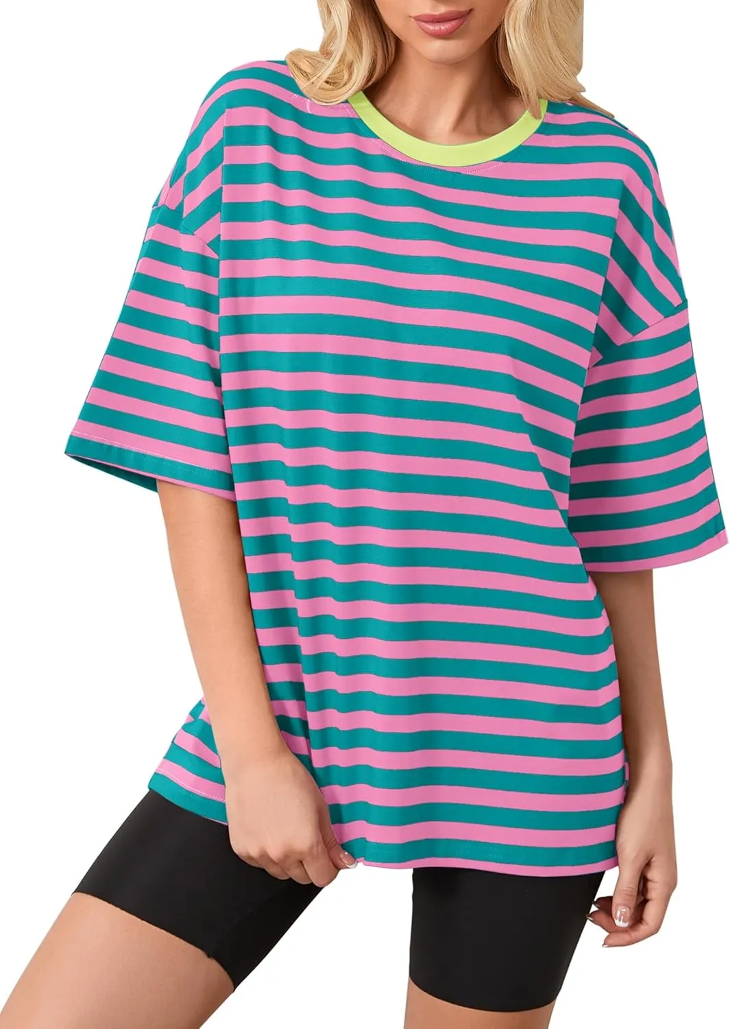 Women Oversized Striped Tshirts Short Sleeve Color Block Summer Tops Crewneck Casual Loose Basic Tee Shirts