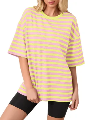 Women Oversized Striped Tshirts Short Sleeve Color Block Summer Tops Crewneck Casual Loose Basic Tee Shirts