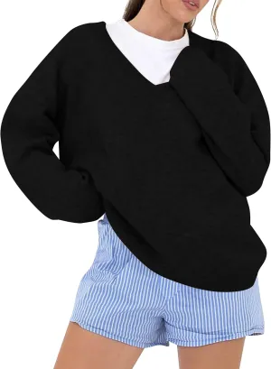 Women Oversized V Neck Pullover Sweater Tops Loose Fit Drop Shoulder Knitwear Jumper Tops Preppy Fall Clothes