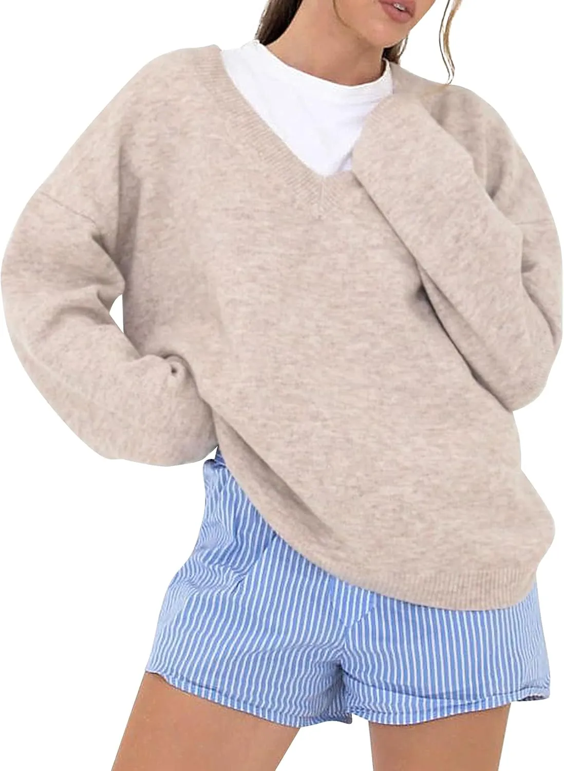 Women Oversized V Neck Pullover Sweater Tops Loose Fit Drop Shoulder Knitwear Jumper Tops Preppy Fall Clothes