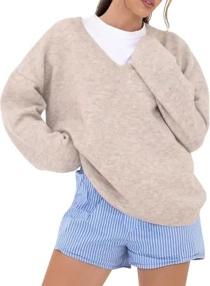 Women Oversized V Neck Pullover Sweater Tops Loose Fit Drop Shoulder Knitwear Jumper Tops Preppy Fall Clothes