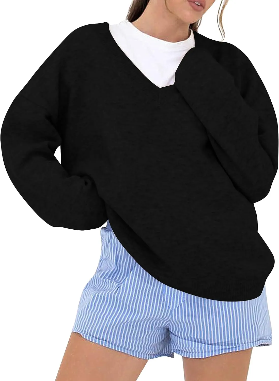 Women Oversized V Neck Pullover Sweater Tops Loose Fit Drop Shoulder Knitwear Jumper Tops Preppy Fall Clothes