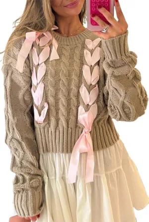 Women Ribbon Sweater Long Sleeve Crewneck Cable Knit Crop Pullover Sweaters Coquette Lace Up Bow Chunky Sweater Top