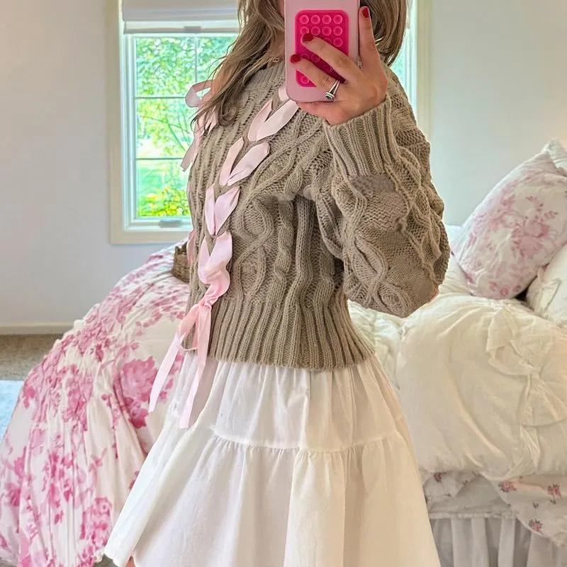 Women Ribbon Sweater Long Sleeve Crewneck Cable Knit Crop Pullover Sweaters Coquette Lace Up Bow Chunky Sweater Top