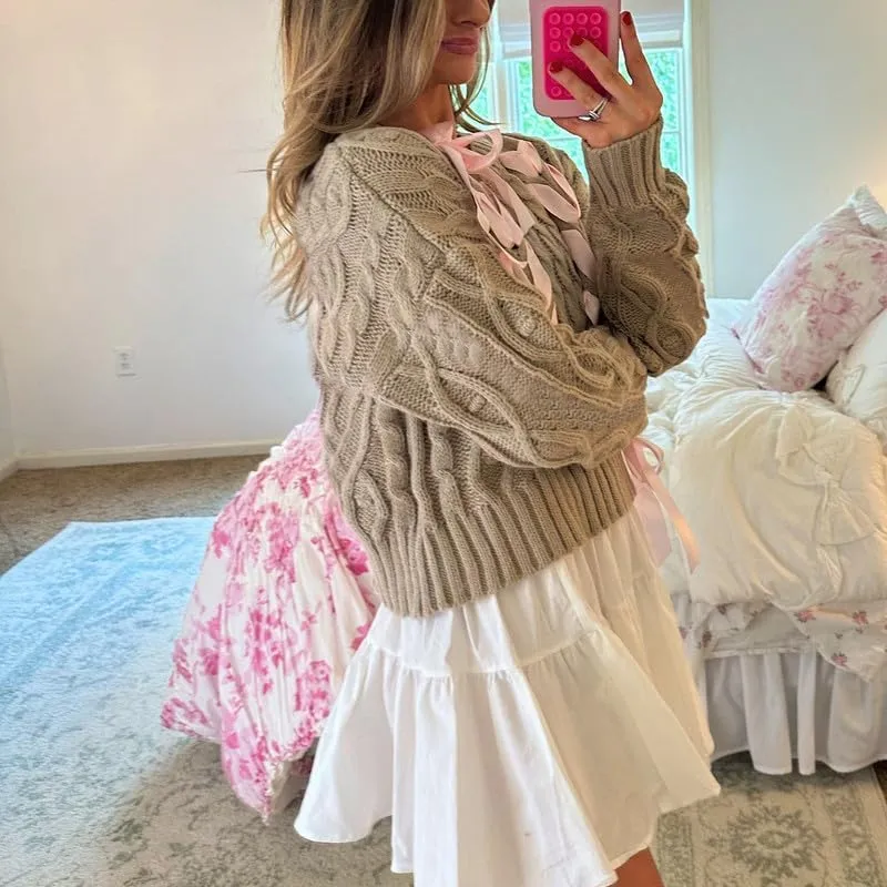 Women Ribbon Sweater Long Sleeve Crewneck Cable Knit Crop Pullover Sweaters Coquette Lace Up Bow Chunky Sweater Top