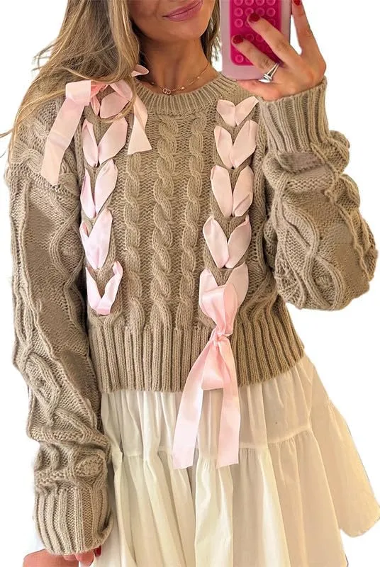 Women Ribbon Sweater Long Sleeve Crewneck Cable Knit Crop Pullover Sweaters Coquette Lace Up Bow Chunky Sweater Top