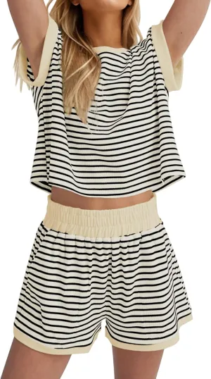 Women Summer 2 Piece Lounge Sets Striped Short Sleeve Tee Shirts Mini Shorts Loungewear Shorts Set Ribbed Pajama Set