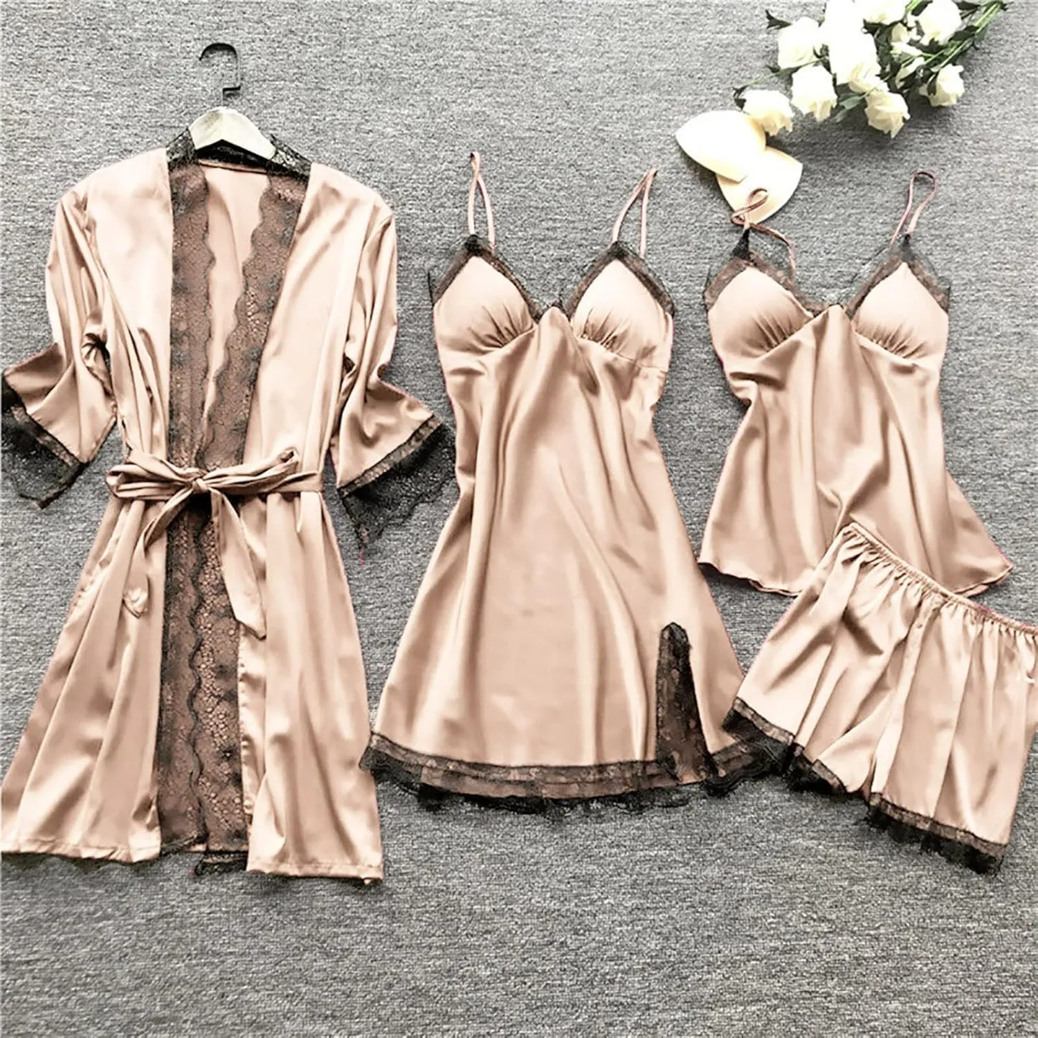 Women's 4PCS Silk Pajama Set Sexy Matching Satin Night Gowns Silky Sleepwear Soft Lace Loungewear Lingerie Pjs Sets