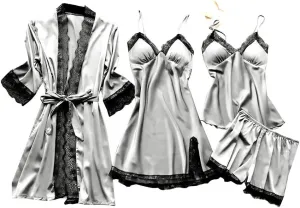 Women's 4PCS Silk Pajama Set Sexy Matching Satin Night Gowns Silky Sleepwear Soft Lace Loungewear Lingerie Pjs Sets