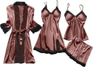 Women's 4PCS Silk Pajama Set Sexy Matching Satin Night Gowns Silky Sleepwear Soft Lace Loungewear Lingerie Pjs Sets