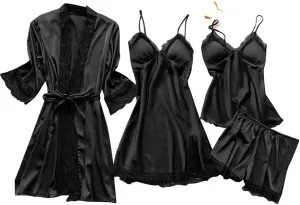Women's 4PCS Silk Pajama Set Sexy Matching Satin Night Gowns Silky Sleepwear Soft Lace Loungewear Lingerie Pjs Sets