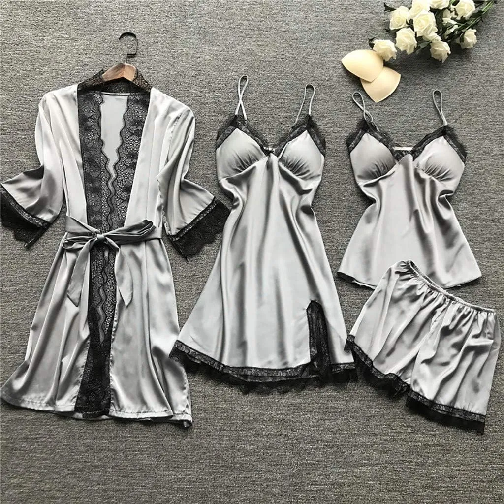 Women's 4PCS Silk Pajama Set Sexy Matching Satin Night Gowns Silky Sleepwear Soft Lace Loungewear Lingerie Pjs Sets
