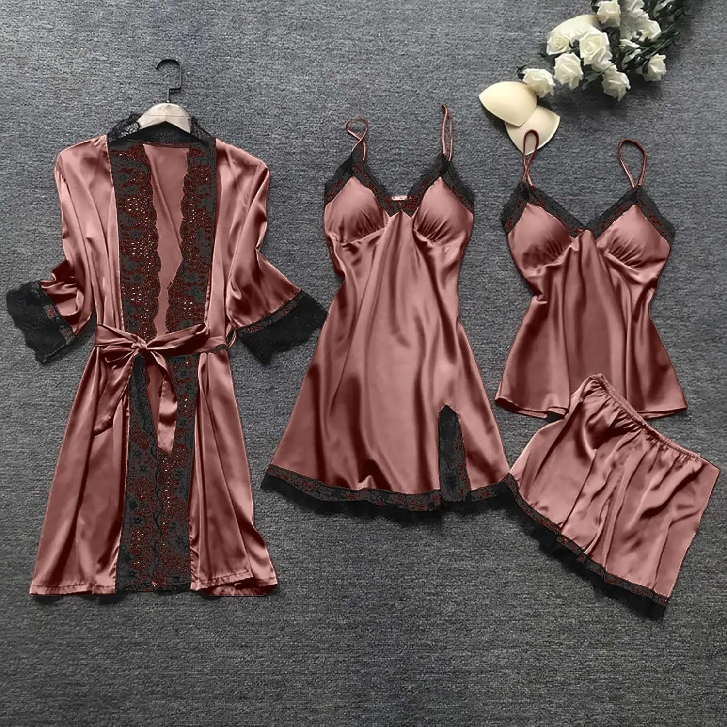 Women's 4PCS Silk Pajama Set Sexy Matching Satin Night Gowns Silky Sleepwear Soft Lace Loungewear Lingerie Pjs Sets